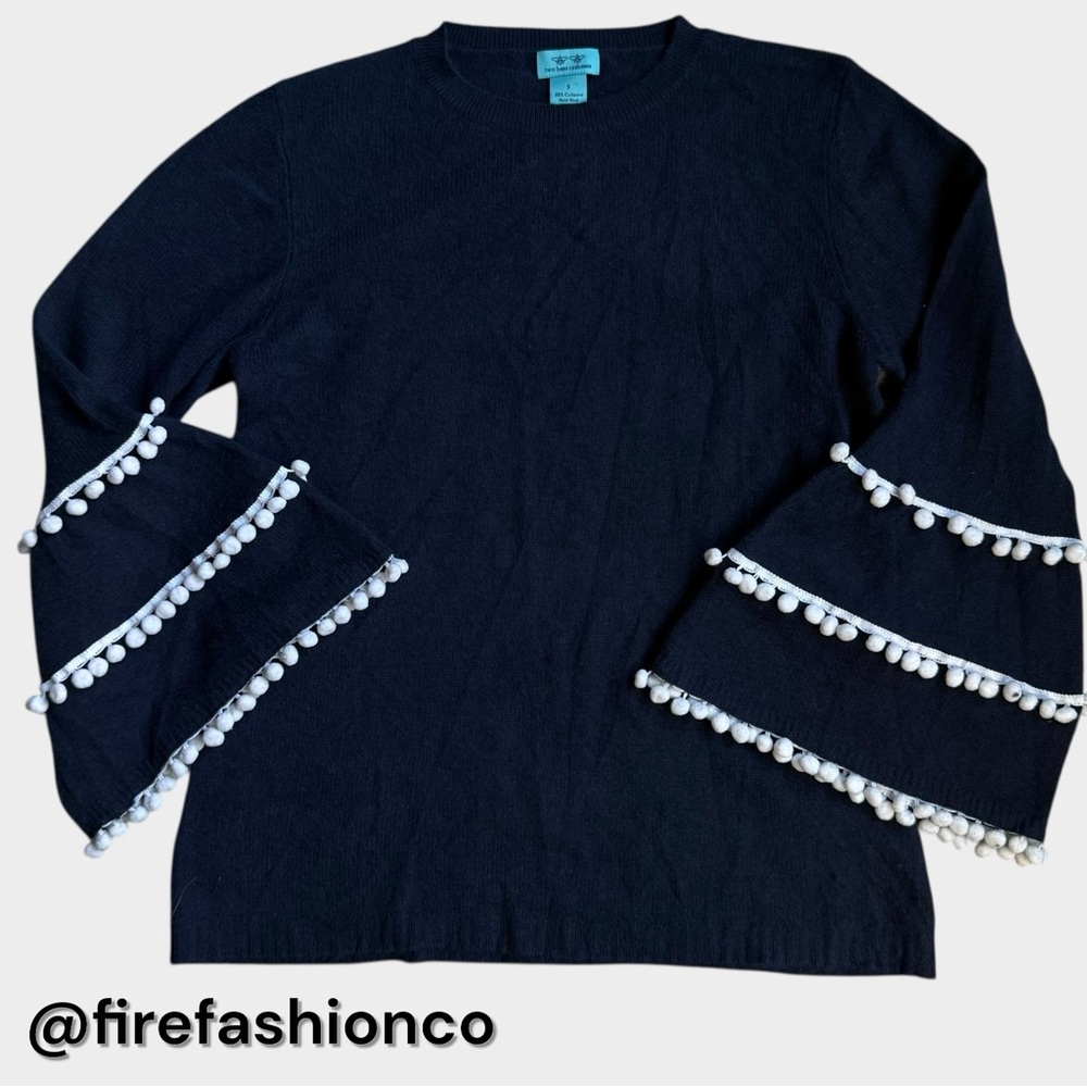 Two Bees Cashmere Sweater Blue Navy Pom Detail Boho Hippie Lightweight Small